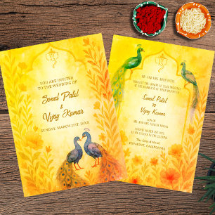 Peacock Floral Indian Hindu Wedding Watercolor Kaart