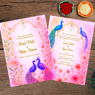 Peacock Floral Indian Hindu Wedding Watercolor Kaart