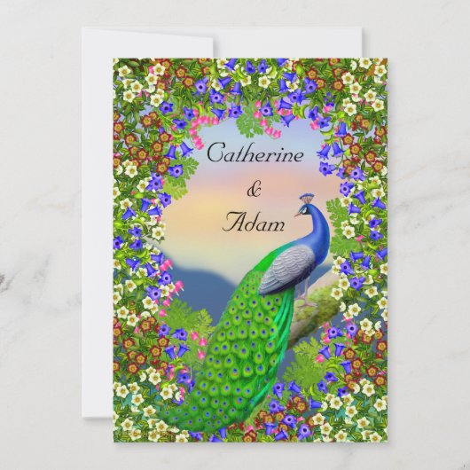 Peacock Floral Paradise Wedding Invitation Kaart (Voorkant)