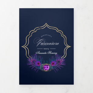  Peacock Floral Quinceañera Foto van Tri-Fold Drieluik Uitnodiging