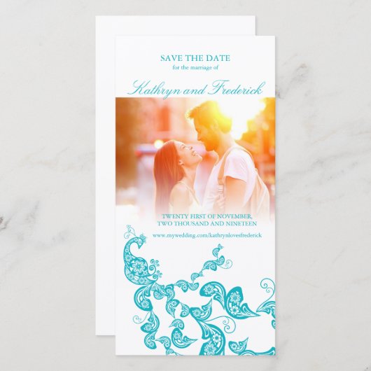 Peacock Floral Turquoise Enregistrer Le Carte phot (Devant / Derrière)