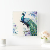 Peacock floral waterverf vierkante klok (Huis)