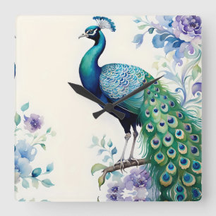 Peacock floral waterverf vierkante klok