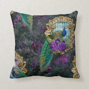 Peacock, Flowers en Gold Lijst Kussen