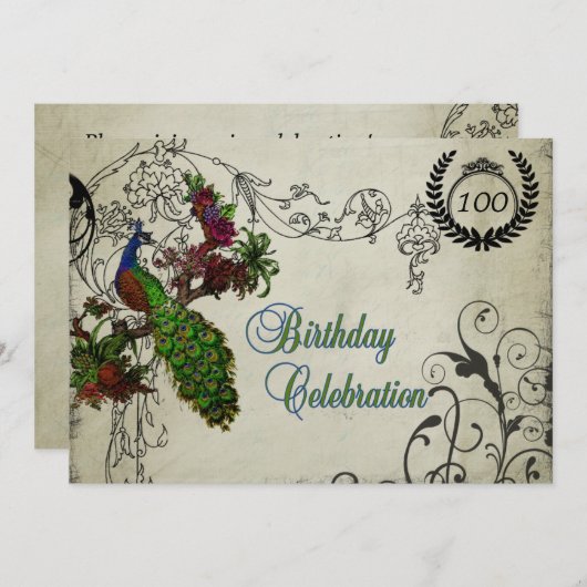 Peacock Gepersonaliseerd 100e verjaardag Uitnodig Kaart (Voorkant / Achterkant)