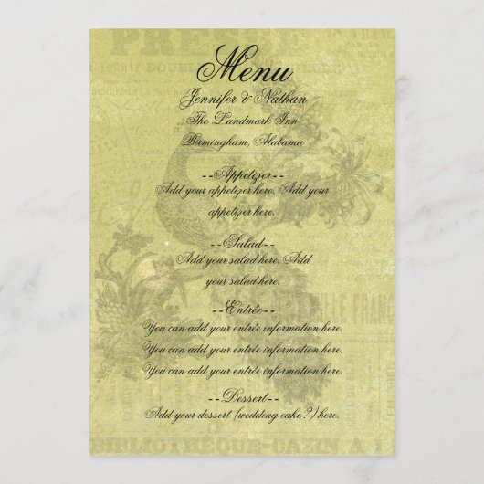 Peacock Gepersonaliseerd Menu Kaart (Achterkant)