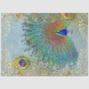 Peacock Gold Foil Scrollwork Feather Decoupage Art Tissuepapier