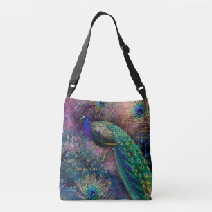 Peacock Gold Glitter Feathers Script Name Crossbody Tas