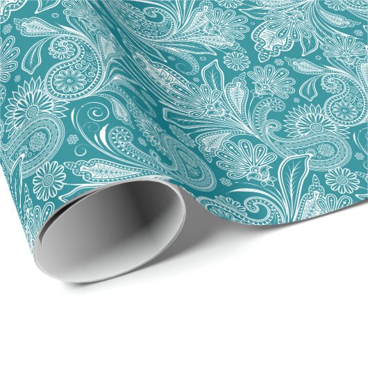Peacock Green en White  Paisley Cadeaupapier (Rol Hoek)