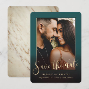 Peacock Green Gold Script & marble Photo Overlay Save The Date