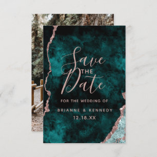 Peacock Green Roos Gold Agate Marble Foto op Terug Save The Date