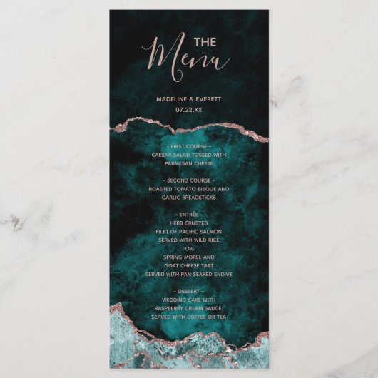 Peacock Green Roos Gold Agate Marble Wedding Menu (Voorkant)