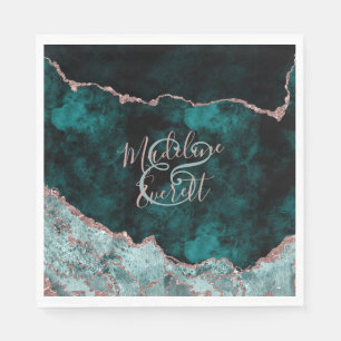 Peacock Green & Roos Gold Agate Wedding Monogram Servet