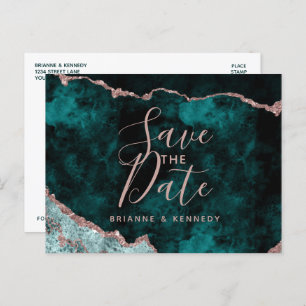Peacock Green Rose Gold Agate Marble Save the Date Aankondigingskaart