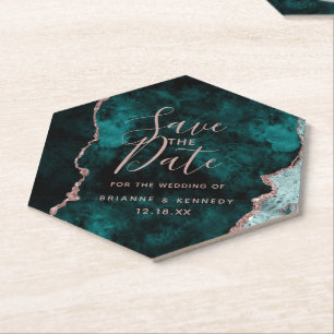 Peacock Green Rose Gold Agate Marble Save the Date Kartonnen Onderzetters