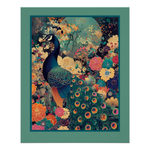 Peacock in bloemenontwerp met turquoise maan perfect poster