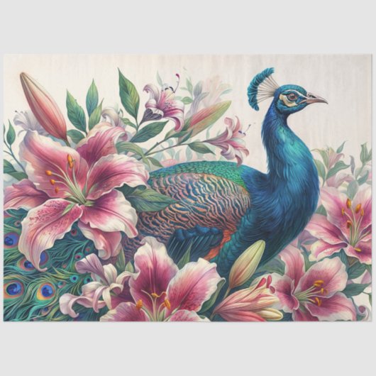 Peacock in Bloom – Watercolor Lilies & Plumage Tissuepapier (Voorkant)