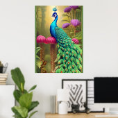 Peacock in het roze tuinbos poster (Thuiskantoor)