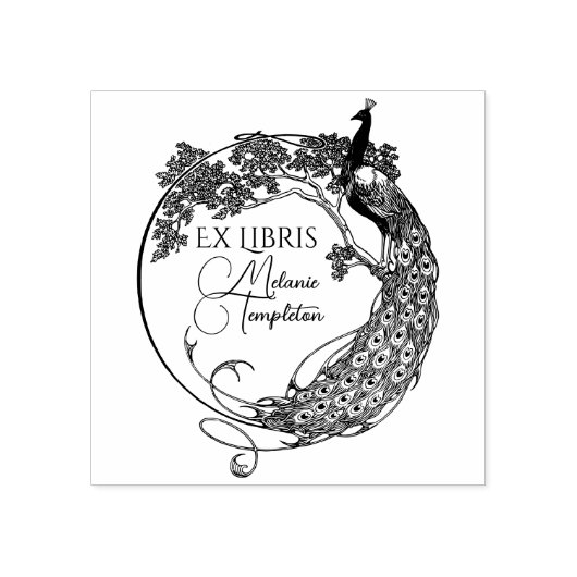 Peacock in ronde Lijst Art Nouveau ex libris Naam Rubberstempel (Afrduk)