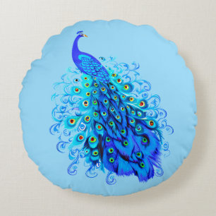 Peacock in Turquoise, Cobalt Blue en Aqua Rond Kussen