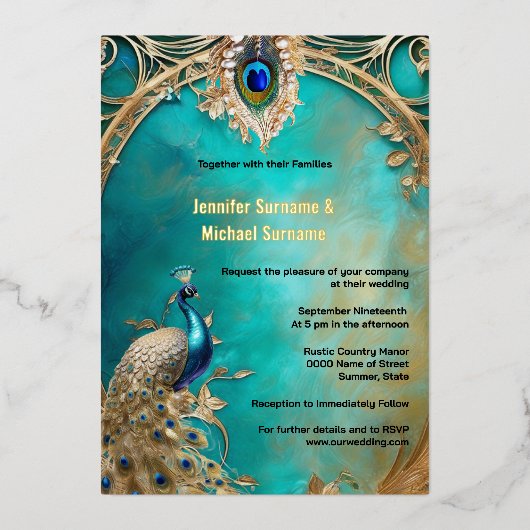 Peacock indiaanse bruiloft  luxe chique lijst folie uitnodiging (Voorkant)