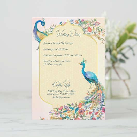 Peacock Indian Hindu bruiloft nodigt details uit R Kaart (Staand voorkant)