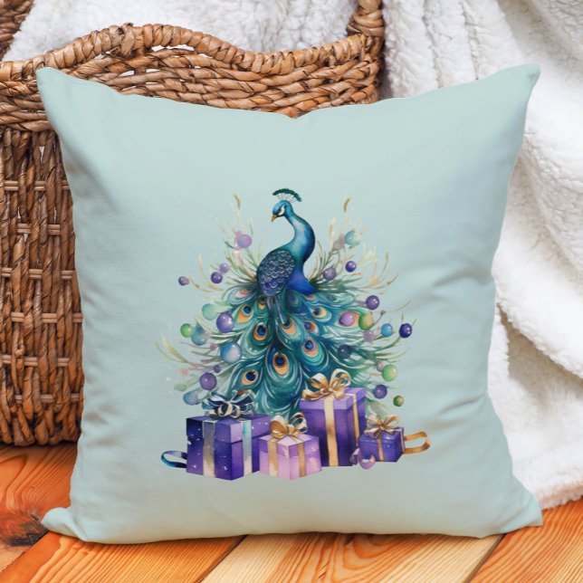 Peacock Kerst Paarse Blauw Blauwgroen Kussen (Purple and teal peacock Christmas decorator pillow.)