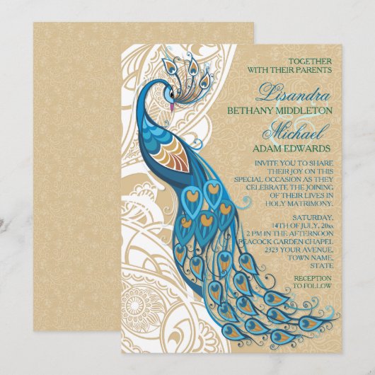 Peacock Lace Elégance 2 Faire-part de mariage (Devant / Derrière)