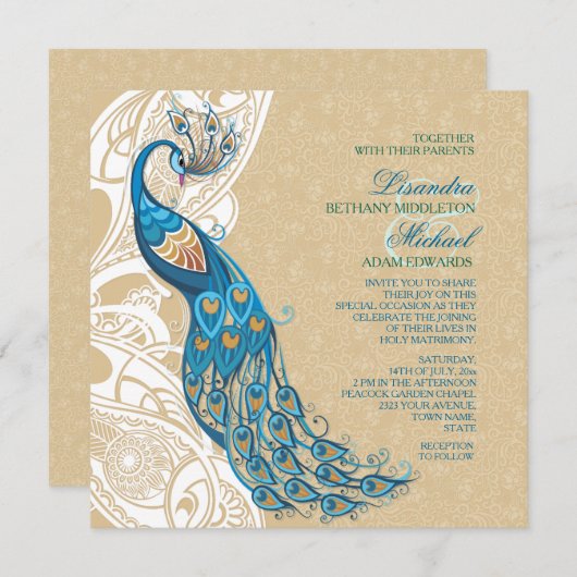 Peacock Lace Elégance 2 Faire-part de mariage (Devant / Derrière)