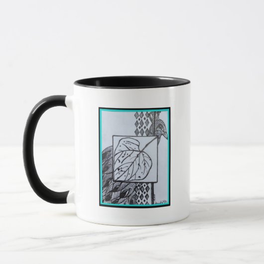 Peacock & Leaf Blk & Whit Ink Turquoise Border Mug (Gauche)