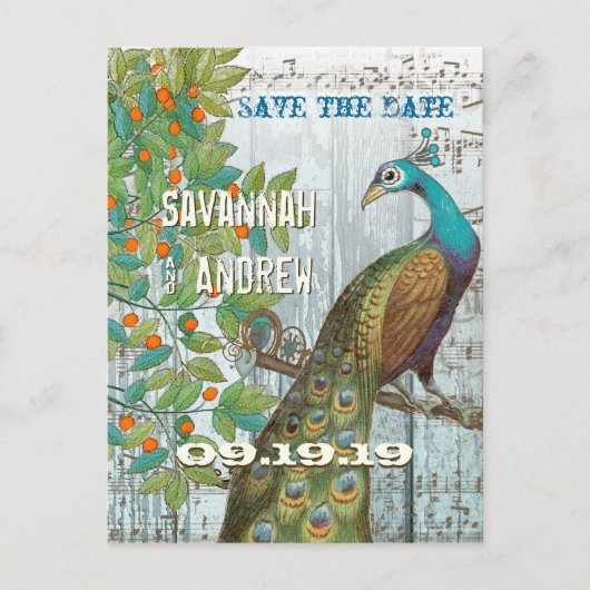 Peacock Love Bird Sitting in a Tree Save the Date Aankondigingskaart (Voorkant)