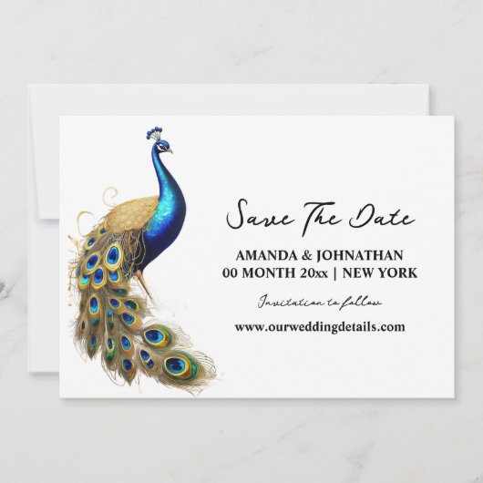 Peacock luxe vogel wit goud minimalistische chic save the date (Voorkant)