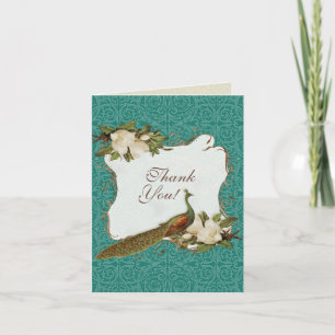 Peacock Magnolia Floral Swirl Damask Wedding Bedankkaart
