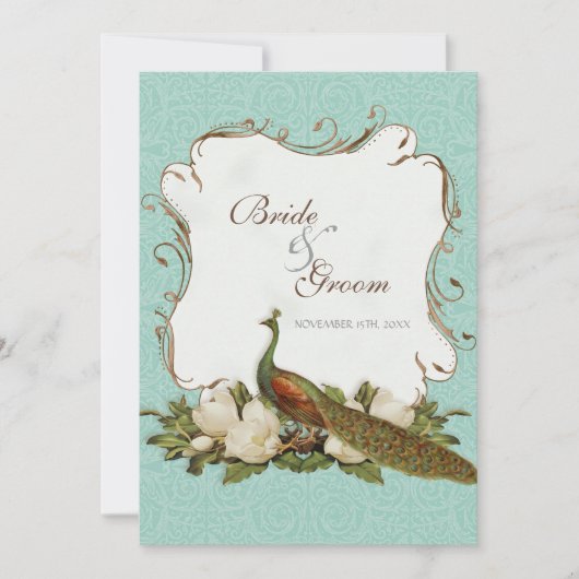 Peacock Magnolia Floral Swirl Damask Wedding Kaart (Voorkant)