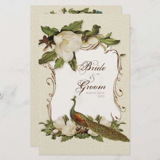 Peacock Magnolia Swirl - Carte Menu Dîner (Devant / Derrière)