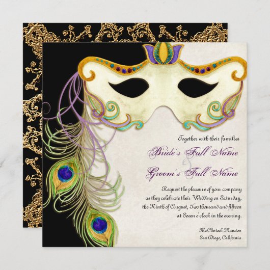 Peacock Masker Bal - Bruiloft uitnodiging (Voorkant / Achterkant)