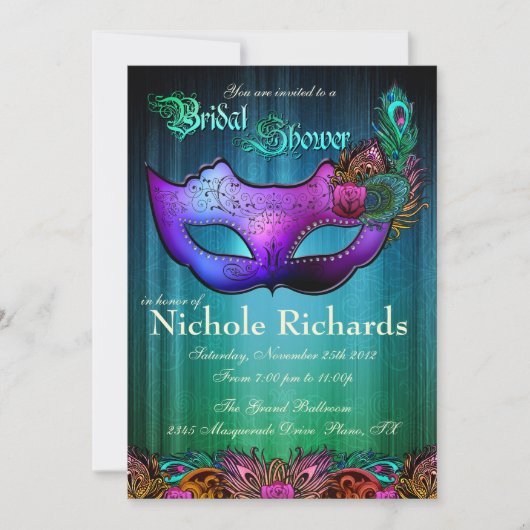 Peacock Masquerade Bridal Shower Uitnodiging (Voorkant)