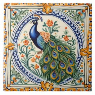Peacock Mediterraan Geel & Blauw Folk Bloemen Tegeltje