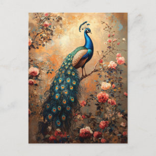 Peacock met Blush Pink Roses Schilderij Briefkaart