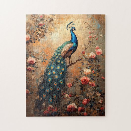 Peacock met Blush Pink Roses Schilderij Legpuzzel (Verticaal)