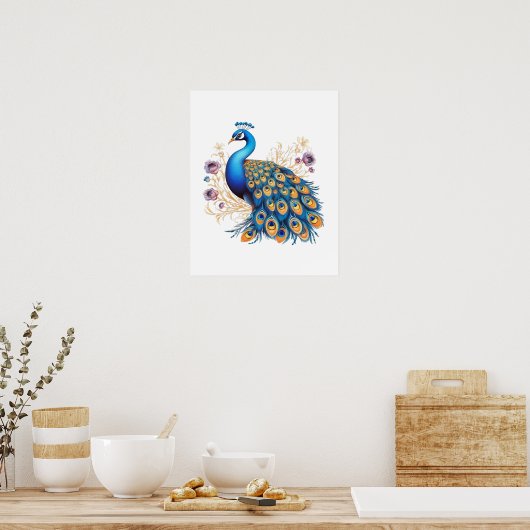 Peacock met paarse bloemen poster (Keuken)