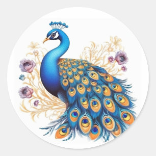 Peacock met paarse bloemen ronde sticker