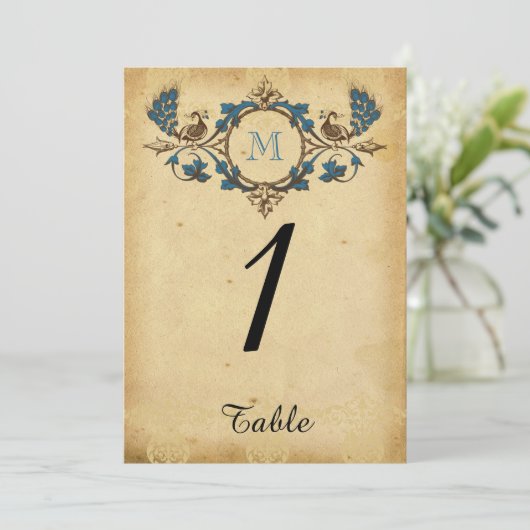 Peacock Monogram Trouwtafel Nummer Kaart (Staand voorkant)