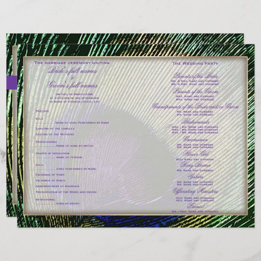 Peacock n violet programme de mariage modèle (Devant / Derrière)