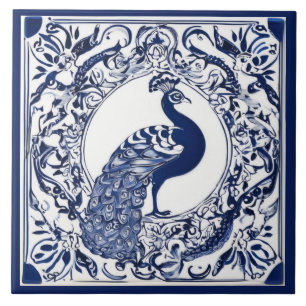 Peacock Navy Donkerblauw en wit Folk Animal Art Tegeltje