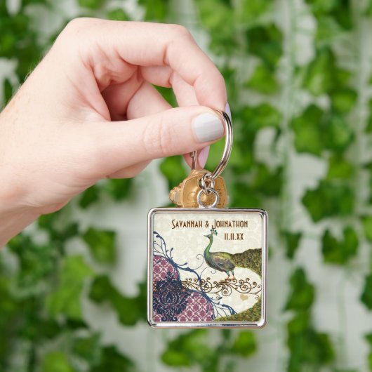 Peacock Navy Raspberry Damask Sleutelhanger (Hand)