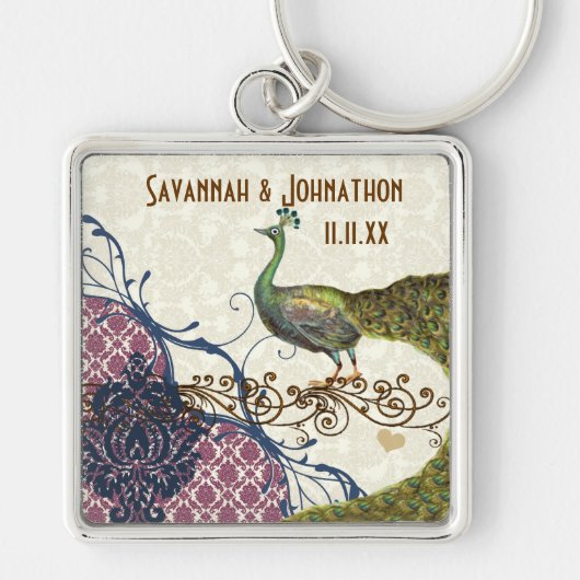 Peacock Navy Raspberry Damask Sleutelhanger (Voorkant)