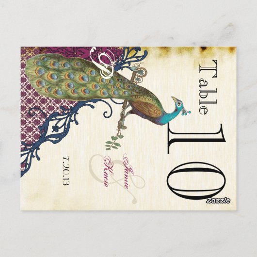 Peacock Navy Raspberry Damask Table Number Briefkaart (Achterkant)