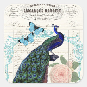 Peacock op Franse Ephemera Collage Vierkante Sticker