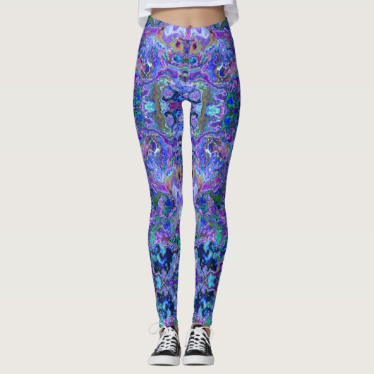 Peacock Paarse, blauw en groen gemarmerde look Leggings (Voorkant)